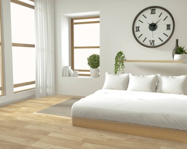 Ev iç duvar ahşap yatak, perdeler ve dekoras ile mock up