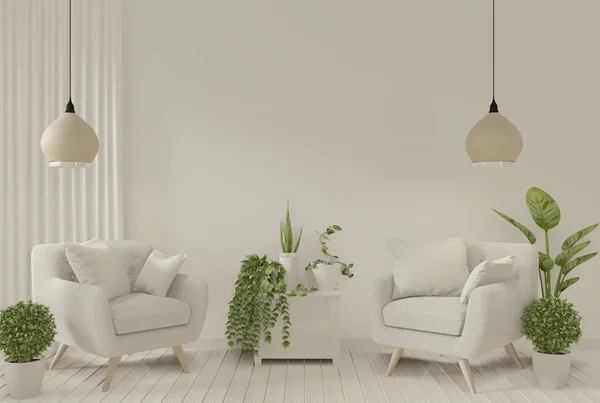 Maquette Intérieur avec fauteuil gris et plantes de décoration en liv — Photo