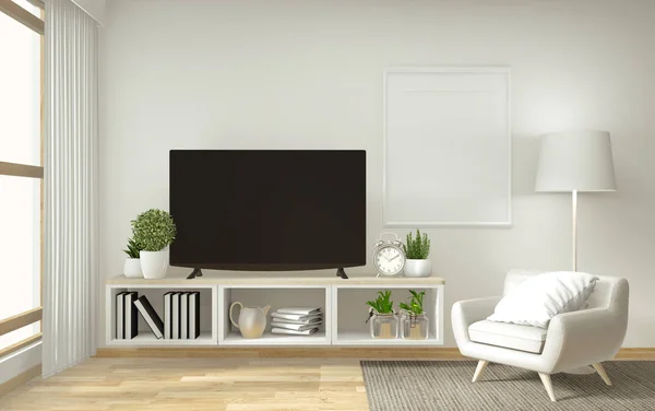 선 현대 빈 방에 선반 TV, 최소한의 디자인을 조롱, 3D 다시 — 스톡 사진
