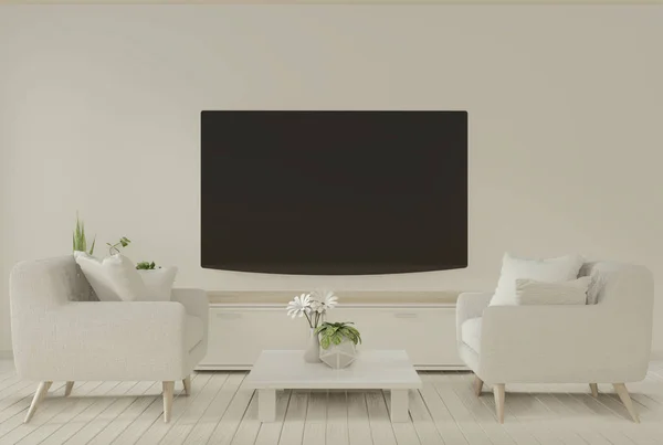 Интерьер плакат умный шкаф для телевизора и кресло на комнате минимальный d — стоковое фото