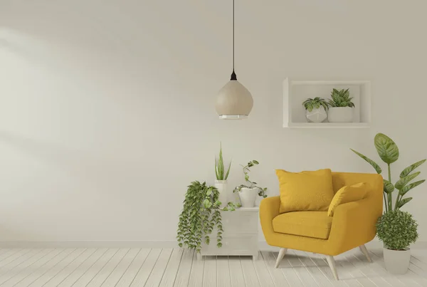 Burla interior con sillón gris y plantas de decoración en liv — Foto de Stock