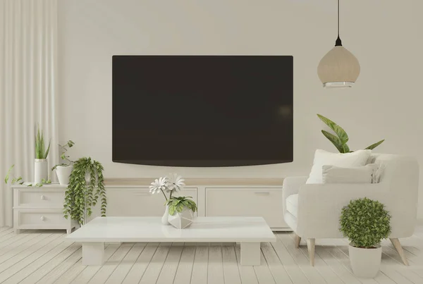 Poster interior cerdas kabinet tv dan kursi lengan di kamar minimal d — Stok Foto