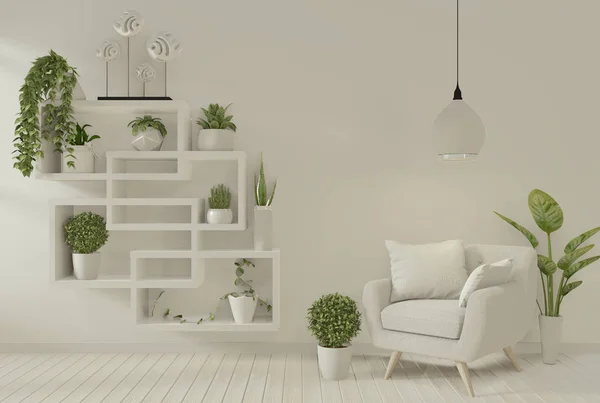 室内模拟海报扶手椅和装饰植物在生活 — 图库照片