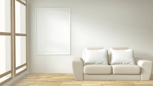 インテリアポスターフレームは、白いソファルームとリビングルームをモックアップ — ストック写真
