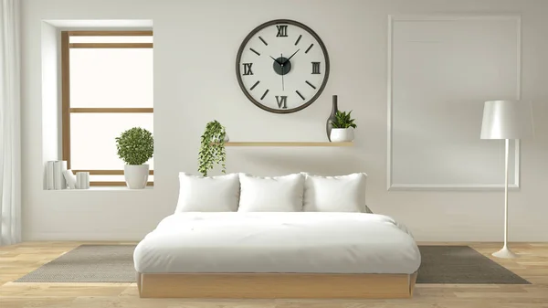 Hem innervägg mock up med trä säng, gardiner och dekorat — Stockfoto