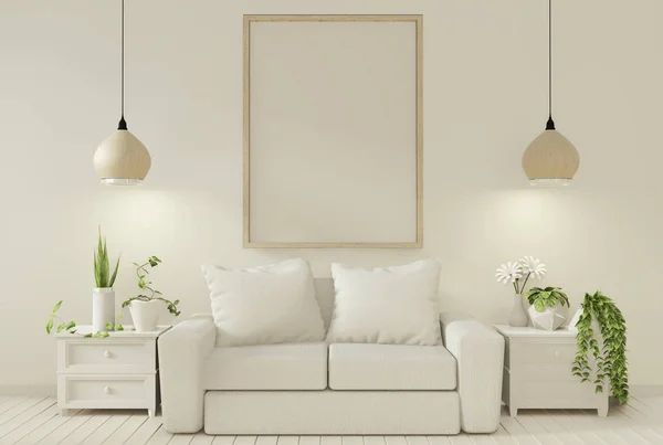 Interior mock up poster con sofá y plantas de decoración en livin —  Fotos de Stock