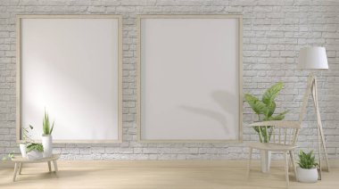 zemin ahşap ve dekorasyon bitkileri üzerinde beyaz tuğla duvar kadar mock.3