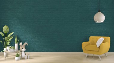 Leen minimal tasarım koyu yeşil duvar taban ahşap oda ile mock