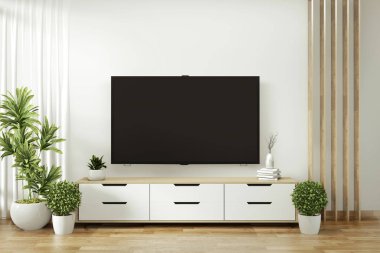 Beyaz wal modern boş oda ve dekorasyon bitkileri Tv raf