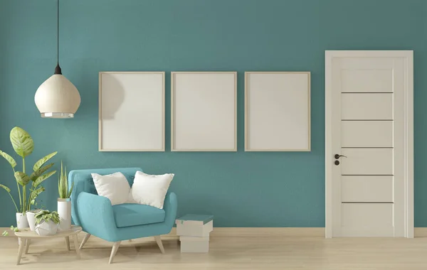 포스터 모의 거실 인테리어 와 블루 안락 의자 소파 에 b — 스톡 사진