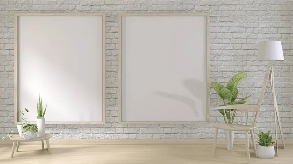 Simular parede de tijolo branco no chão de madeira e decoração plants.3 — Fotografia de Stock