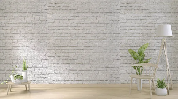 Simular parede de tijolo branco no chão de madeira e decoração plants.3 — Fotografia de Stock