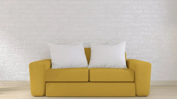 Sofá amarelo na parede de tijolo branco no chão de madeira design mínimo. — Fotografia de Stock