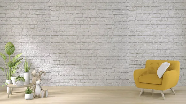 yellow sofa on white brick wall on floor wooden minimal design.3