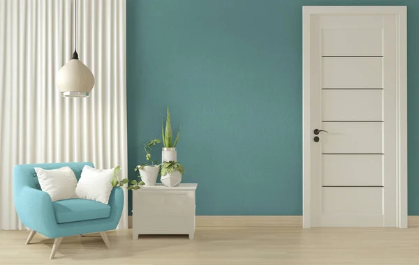 İç afiş mavi oturma odası tasarımı.3d render kadar alay