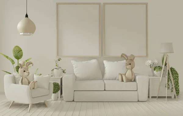 Mock się ramka plakat i biała sofa na białym salonie Interio — Zdjęcie stockowe