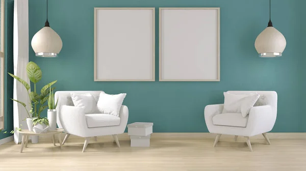 Плакат маскує інтер'єр вітальні з білим диваном на кріслі — стокове фото