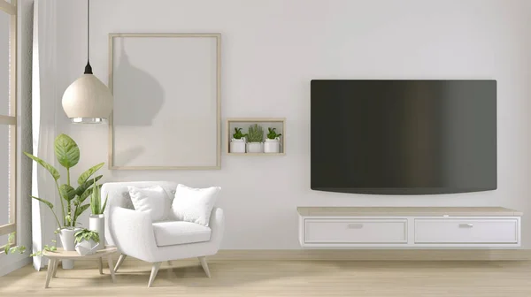 TV on stand cabinet in modern living room with armchair and deco