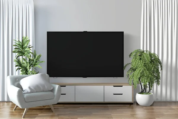 Estante de la TV en la habitación vacía moderna y plantas de decoración en wal blanco — Foto de Stock