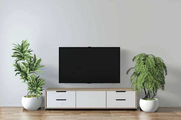 TV-plank in moderne lege kamer en decoratie planten op witte wal — Stockfoto