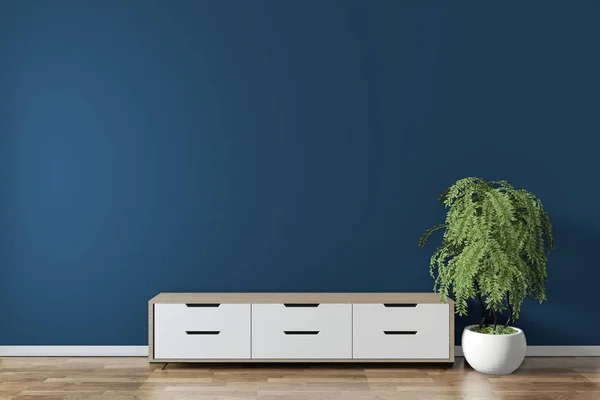 Gabinete simular no quarto azul escuro no piso de madeira design mínimo — Fotografia de Stock