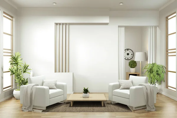 Interieur design, Zen modern living met armstoel en decoratie. — Stockfoto