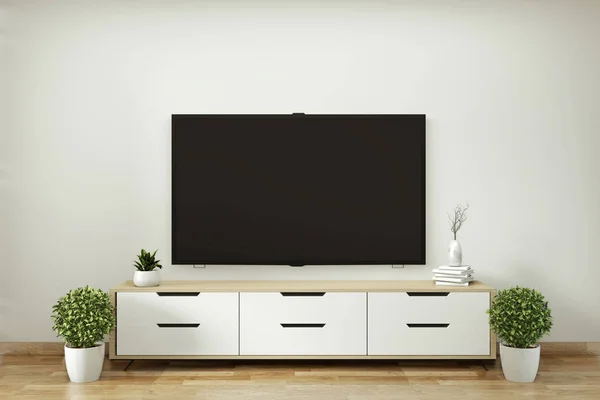 TV-plank in moderne lege kamer en decoratie planten op witte wal — Stockfoto