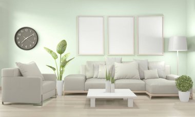 Sarı kanepe ile oturma odasında poster çerçevesi kadar Mock ve dekor