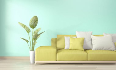 Sarı kanepe ile oturma odasında poster çerçevesi kadar Mock ve dekor