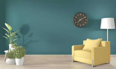 Sarı kol sandalye ve dekorasyon planı ile koyu yeşil oturma odası