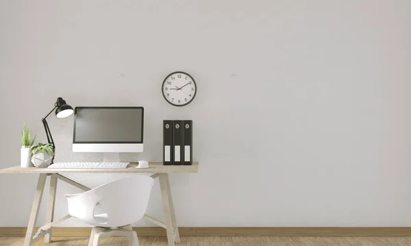 Ordenador con pantalla en blanco y decoración en la sala de oficina burla u —  Fotos de Stock