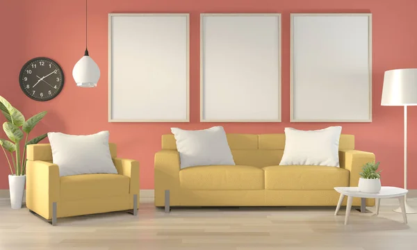 Makiety plakat ramki w różowy salon z żółtą kanapą i de — Zdjęcie stockowe