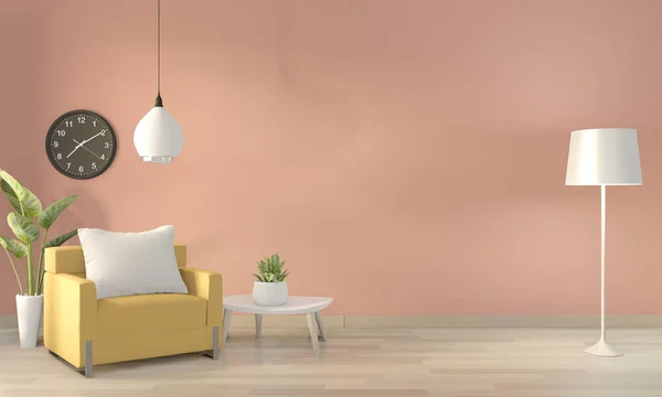 Sala de estar rosa con sillón amarillo y plantas de decoración en —  Fotos de Stock