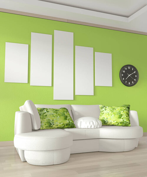 Mock up poster frame on wall, Sofa white and decoration plants o