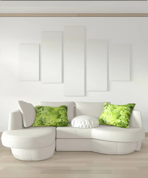模拟海报框架在白色客厅与白色床和德 — 图库照片