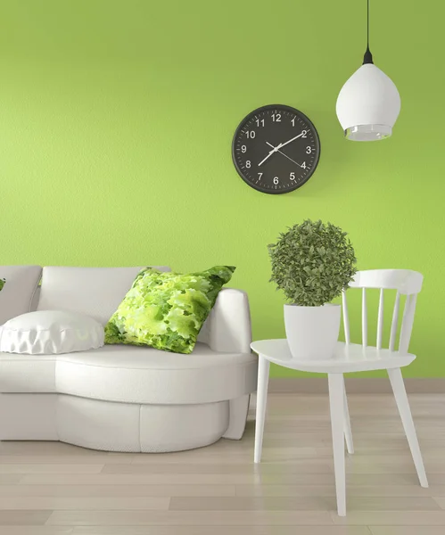 밝은 녹색 벽과 나무에 소파 흰색과 장식 식물 — 스톡 사진