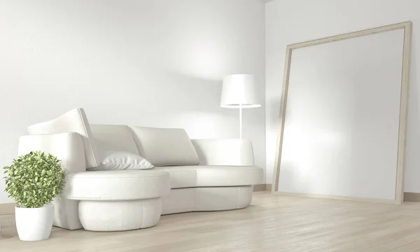 Mock up poster frame in white living room with white sofa and de — Stock Photo, Image