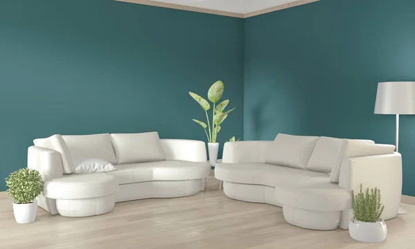 Καναπές λευκό και διακόσμηση φυτά σε σκούρο πράσινο τοίχο και ξύλινο f — Φωτογραφία Αρχείου