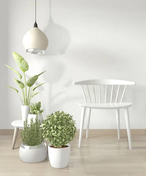 Makieta do białego krzesła i dekoracji w nowoczesnym białym pomieszczeniu. rend 3D — Zdjęcie stockowe
