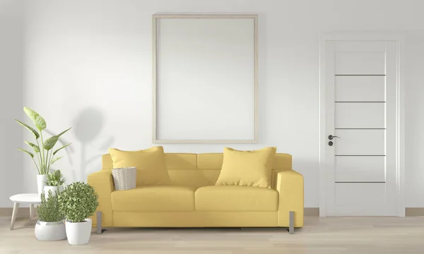 노란색 소파와 D와 흰색 거실에서 포스터 프레임을 조롱 — 스톡 사진