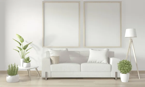 Makiety plakat ramki w białym salonie z białą kanapą i de — Zdjęcie stockowe