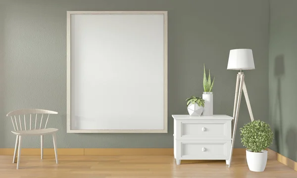 Quadro de cartaz na parede verde e cadeira branca e mínimos de decoração — Fotografia de Stock