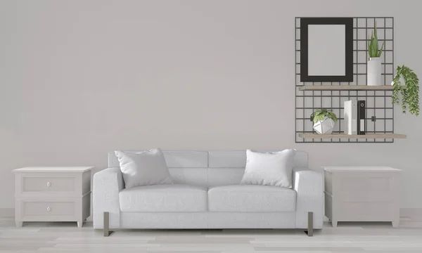 Mock up white room with white sofa on modern room interior.3D re