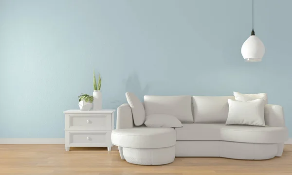 Μακέτα επάνω δωμάτιο Sky με λευκό καναπέ στο σύγχρονο εσωτερικό δωμάτιο. 3D σκίσιμο — Φωτογραφία Αρχείου