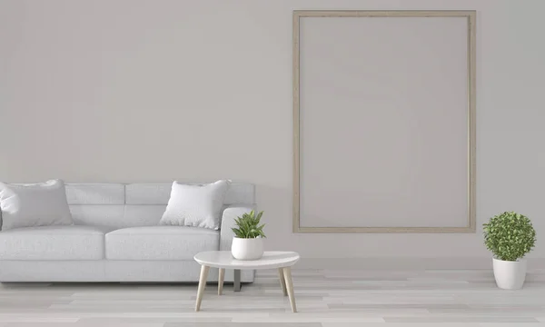 Mock up marco de póster en la pared blanca con sofá blanco en roo moderno —  Fotos de Stock