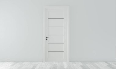 beyaz ahşap zemin üzerinde boş oda beyaz duvarda kapı kadar alay.3d r