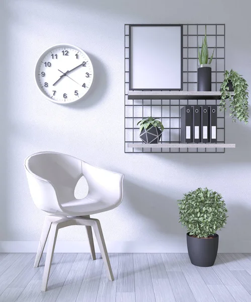Kursi putih dan kantor dekorasi dalam latar belakang ruangan putih .3D r — Stok Foto
