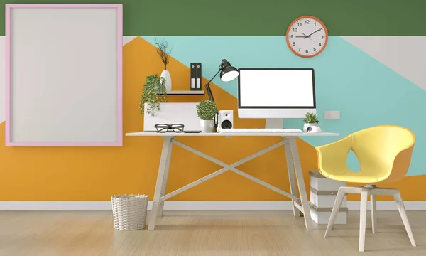 Idea de oficina cómoda de madera y decoración en la habitación blanca z —  Fotos de Stock