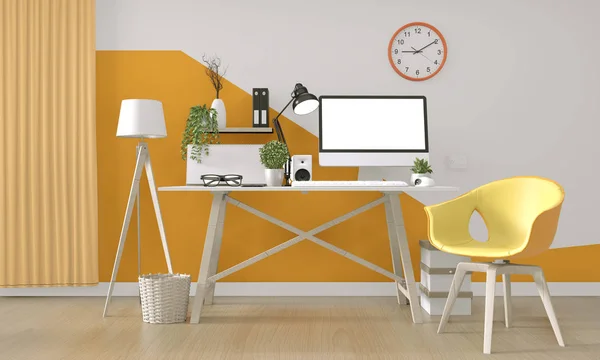 Idea drewnianego wygodnego biura i dekoracji na białym pokoju z — Zdjęcie stockowe
