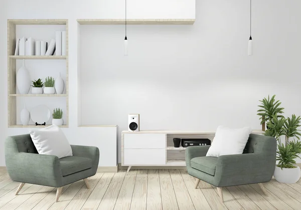 Minimalistisk modern Zen vardagsrum med trägolv och inredning Japa — Stockfoto